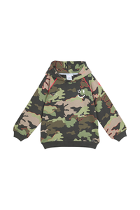 Khaki camouflage print hoodie with neon pink outlines and a white star & lightning bolt winking smiley face on the chest