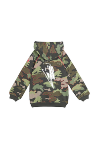 The back of a khaki camouflage print hoodie with neon pink outlines and a large distressed white lightning bolt motif