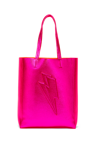 Scamp and Dude Metallic Pink Large Tote Bag | Product image of shiny bright pink tote bag