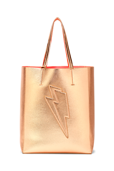 Scamp and Dude Metallic Rose Gold Large Tote Bag | Product image of shiny rose gold tote bag