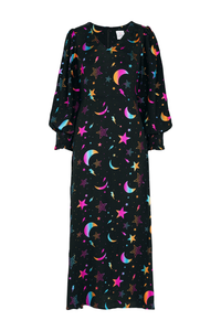 Black with Metallic Rainbow Foil Moon Star Midi Dress
