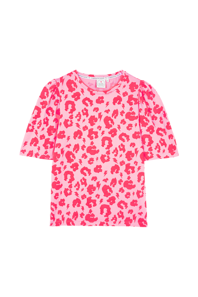 Scamp and Dude Pink and Red Leopard Pink T-Shirt | Product image of pink and red leopard print t-shirt on white background