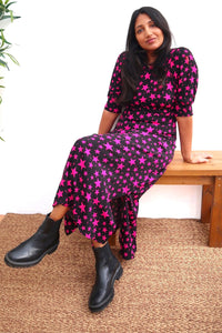 Black with Pink Star Midi Dress