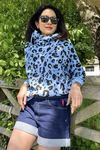 Pale Blue Leopard Cowl Neck Hoodie