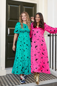Pink with Black Moon Star and Lightning Bolt Midi Dress