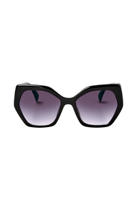 The front of black oversized sunglasses with gradient smoke lenses