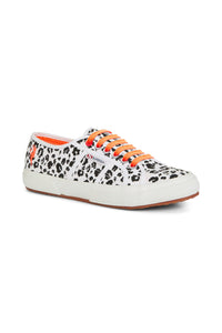Superga X Scamp & Dude Trainers | Product image of white and black leopard print trainers with orange laces