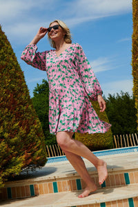 Pink with Green Palm Floaty Dress
