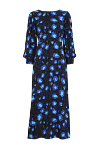 Black & Blue Snow Leopard Blouson Sleeve Midi Dress