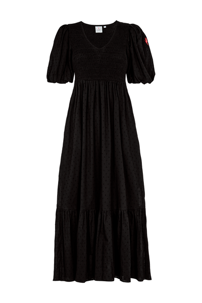 A black v-neck shirred dobby maxi dress with shirring detail across the bust and puff sleeves