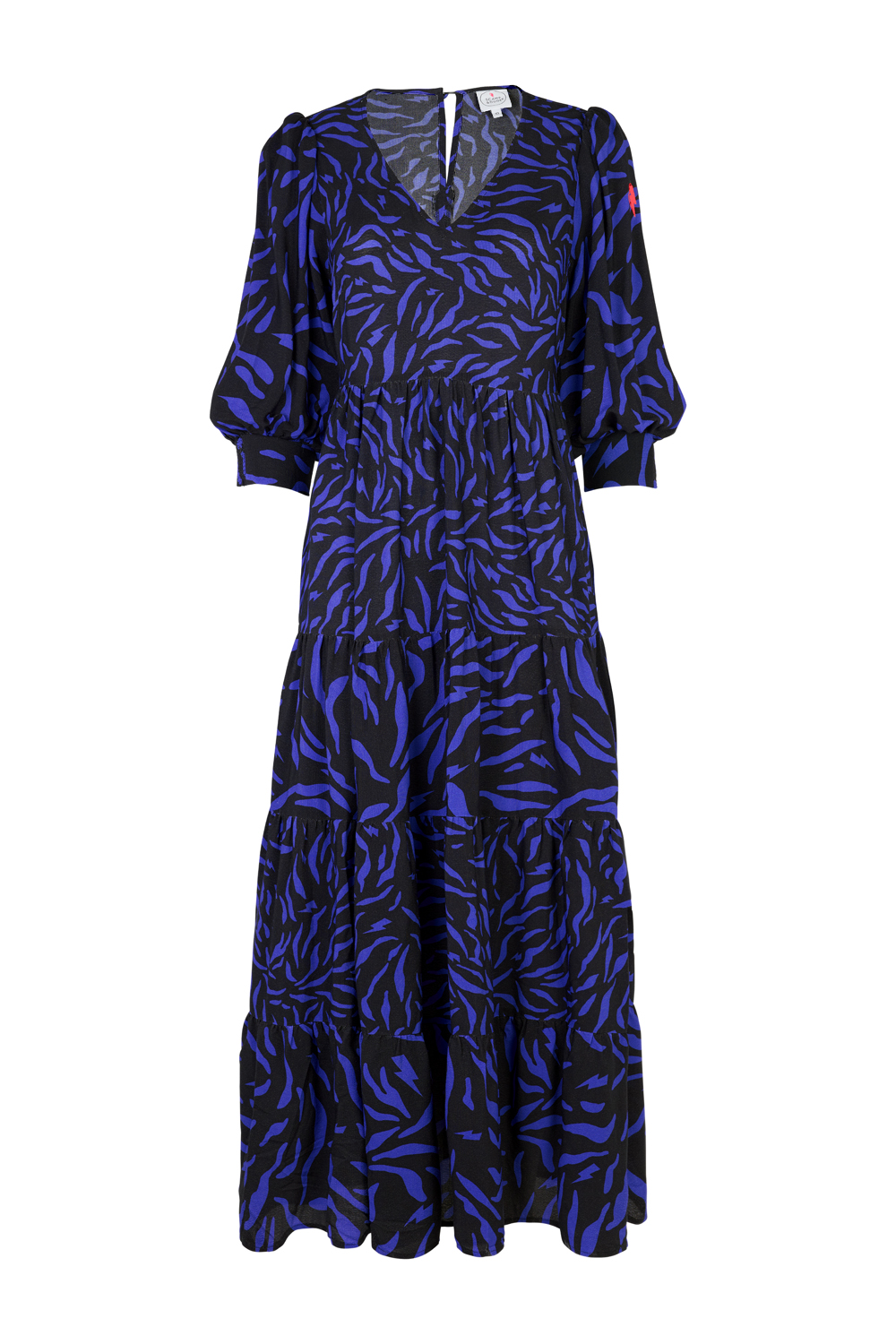 Black V-neck maxi dress with blue zebra and lightning bolt print in two print scales with 3/4 blouson sleeves