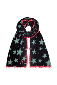 A black with khaki star print scarf featuring a neon pink pom pom trim and neon pink embroidered lightning bolt