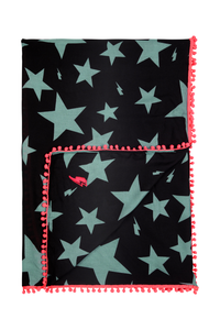 A folded black with khaki star print scarf featuring a neon pink pom pom trim and neon pink embroidered lightning bolt