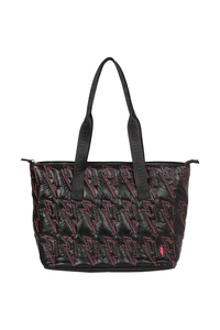Black metallic overnight bag with neon coral quilted lightning bolts and black branded Scamp & Dude straps