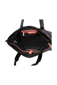The inside of a black overnight bag, it has black interior lining and several pockets for a laptop and small essentials