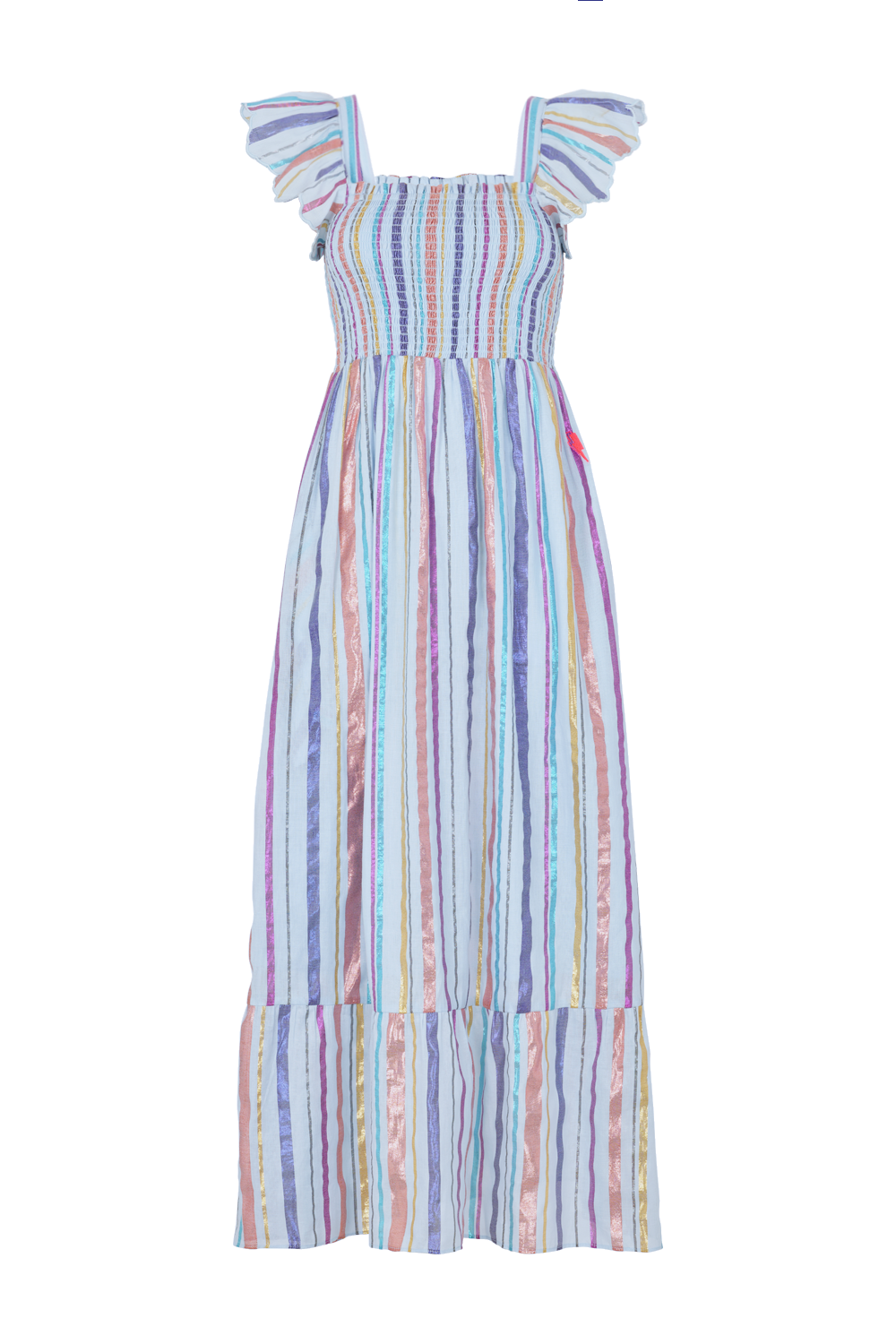 A pale blue with rainbow lurex stripe detail maxi sundress with shirring detail across the bust