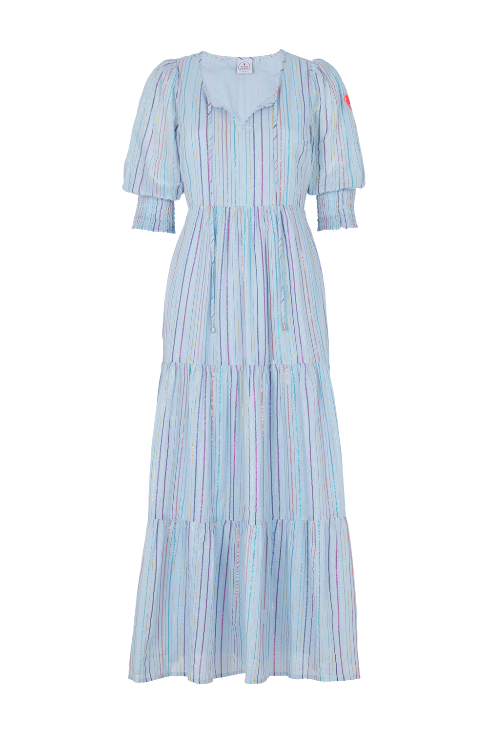 A pale blue tie front maxi dress with rainbow lurex stripes with a tiered skirt and 3/4 blouson sleeves