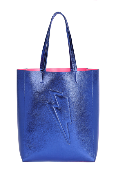 Scamp and Dude Blue Metallic Large Tote Bag | Product image of blue shiny tote bag with white background
