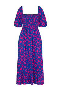 An electric blue with hot pink leopard and lightning bolt print shirred midi dress with pretty blouson sleeves