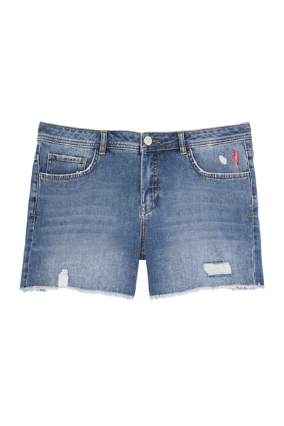 Scamp and Dude Denim Raw Edge Shorts | Product image of the front of light wash denim shorts