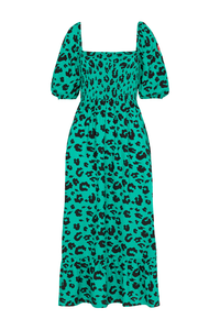 A green with black leopard and lightning bolt print shirred midi dress with blouson sleeves