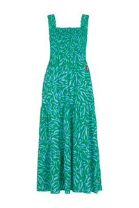 A bright green and lilac zebra & lightning bolt print tiered maxi sundress with a neon pink lightning bolt on the hip