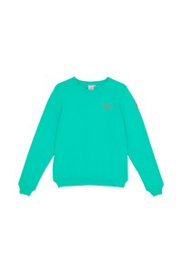 A green Scamp & Dude sweatshirt with a coral handwritten logo on the chest and neon pink embroidered lightning bolt on the arm