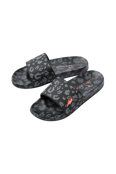Scamp and Dude Black Leopard Sliders | Product image of grey and back leopard print sliders on white background