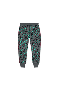 Grey with green & black snow leopard & lightning bolt print cosy joggers with an elasticated waist, neon side seams & pockets 