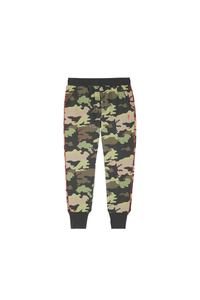 Khaki camo print joggers with and elasticated waist, neon pink side seam piping and embroidered lightning bolt on the hip