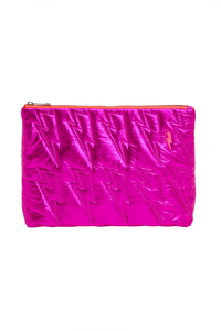 Metallic hot pink swag bag with quilted lightning bolt detail, a coral zip & a neon pink embroidered lightning bolt