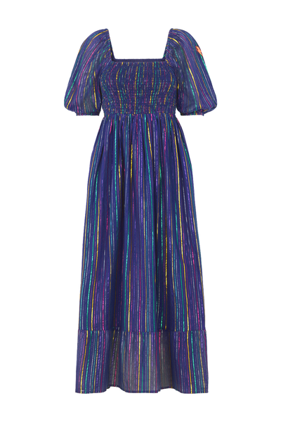 A washed navy with rainbow lurex stripe detail shirred midi dress with blouson sleeves