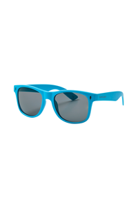 Neon blue sunglasses with smoke coloured lenses and Scamp & Dude text and lightning bolt logo on the arm in black