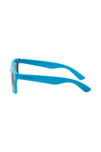 Neon blue sunglasses Scamp & Dude text and lightning bolt logo on the arm in black