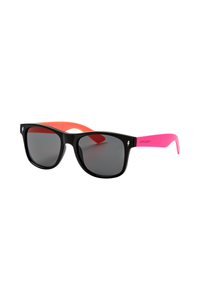 Black frame sunglasses with orange and neon pink arms, white lightning bolts on the front and smoke coloured lenses