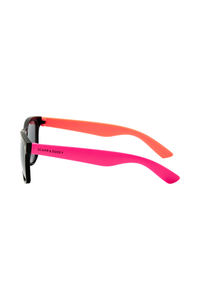 Black frame sunglasses with orange and neon pink arms with Scamp & Dude text and lightning bolt logo in black