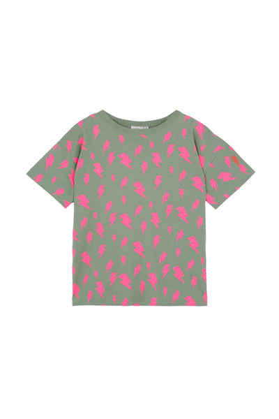 Scamp and Dude | Kids Khaki with Pink Lightning Bolt T-Shirt | Product image of green t-shirt with pink lightening bolt print