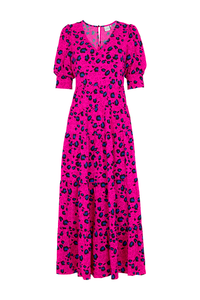 Magenta V-neck tiered skirt maxi dress with blue and black snow leopard & star print, it has short puffed sleeves