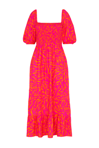 A pink with orange zebra and lightning bolt print shirred midi dress with blouson sleeves
