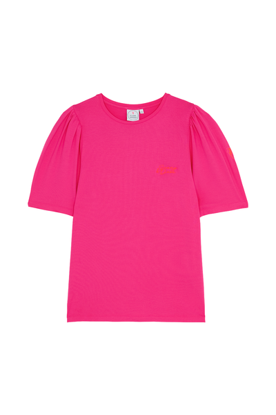 A pink T-shirt with embroidered neon coral Scamp & Dude handwritten logo on the chest and neon pink embroidered lightning bolt on the arm