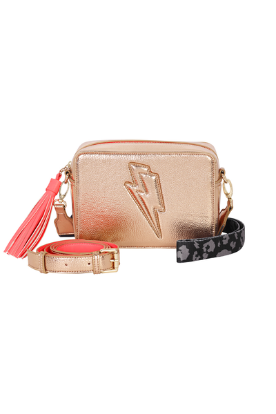 Scamp and Dude Rose Gold Multi Strap Cross Body Bag | Procuct image of rose gold cross body bag agaisnt white backdrop
