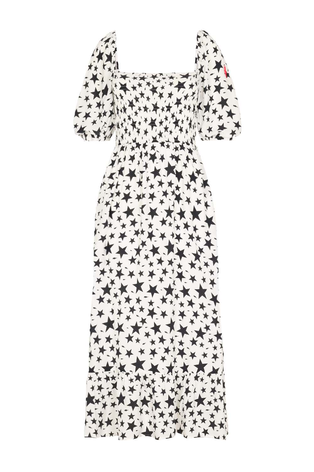 An ivory with black star and lightning bolt print shirred midi dress with blouson sleeves